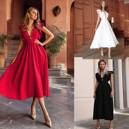 Summer Elegant Sleeveless V-Neck Red Dress for Women