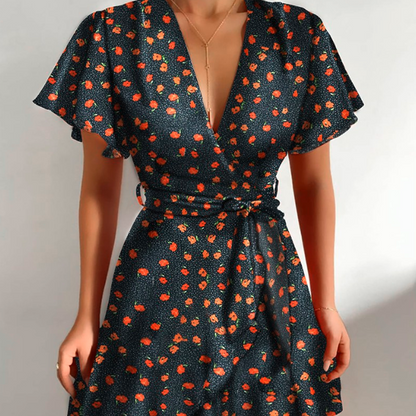 Multicolor Floral V Neck Ruffle Wrap Dress for Women